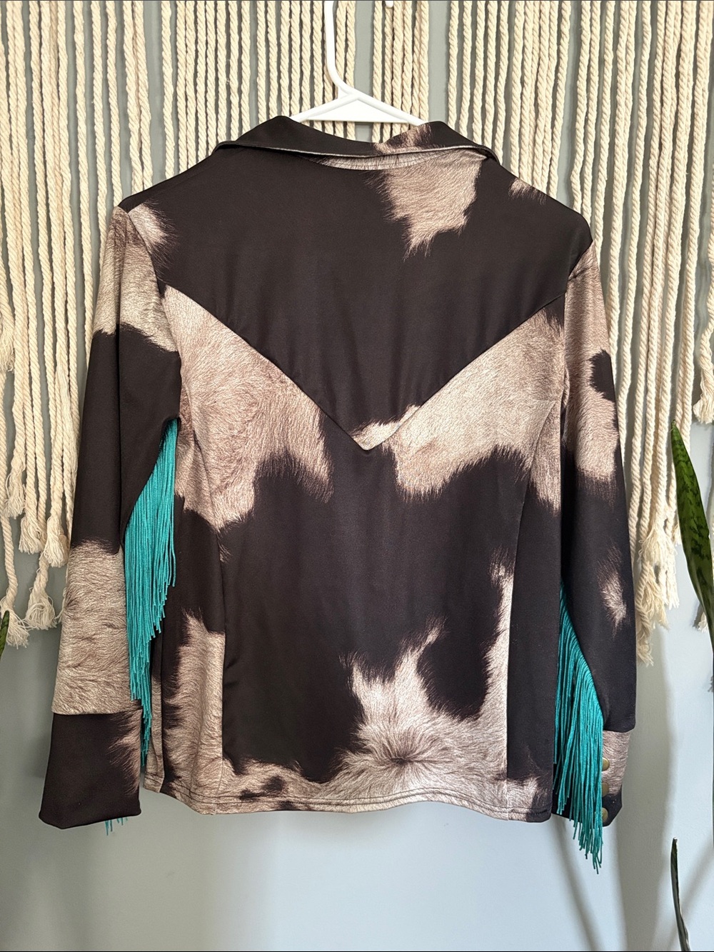 Custom Made Black & Taupe Abstract Fringe Zip Jacket with Teal Fringe - Picture 6 of 6